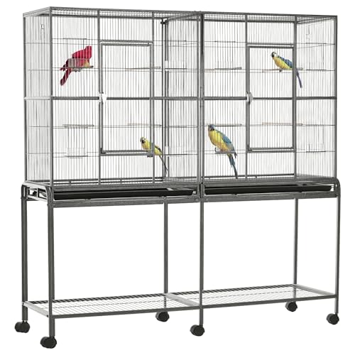PawHut 65" Double Rolling Metal Bird Cage Feeder with Detachable Rolling Stand, Storage Shelf, Wood Perch & Food Container