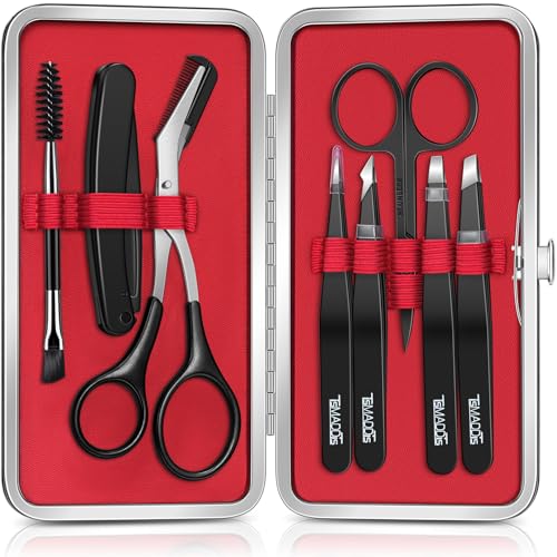 TsMADDTs Eyebrow Kit, 8 in 1 Eyebrow Trimmer Scissors, Tweezers for Women, Razor, Brush with Travel Bag, Tweezers Set for Women and Men, Professional Shaping Grooming Kit
