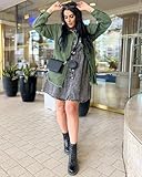 Vetinee Women's Womens Spring Jacket Oversized Boyfriend Elm Green Front Button Up Frayed Raw Hem Long Sleeve Pockets Denim Jean Jacket Shacket Large Size 12 Size 14