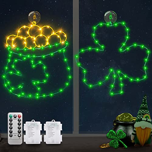 DONSAJI St Patricks Day Decor Window Lights - 2 Pack Shamrock & Pot of Gold Window Silhouette Lights Battery Operated with Remote, Irish St Patricks Day Shamrock Decorations Light for Home Party