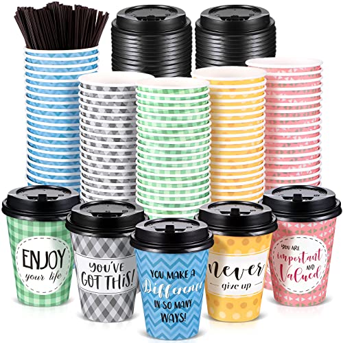 Gerrii 100 Pack Disposable Coffee Cups with Lids and Straws, Motivational Paper Hot Cups with 6 Quotes and Designs for Water, Juice, Coffee, Tea, Home, Shop Cafe(12 oz)