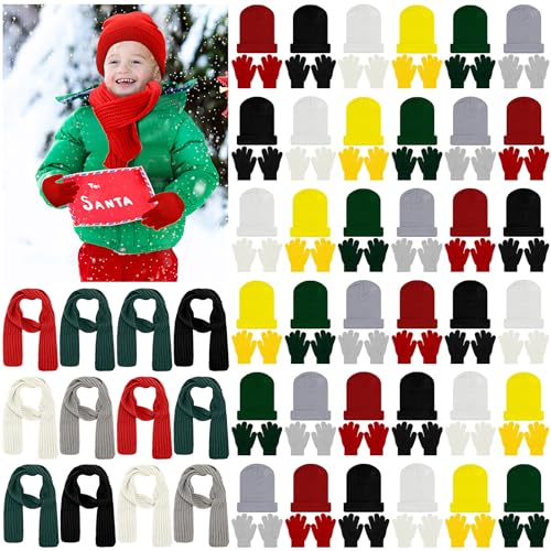 Toulite 72 Pcs Kids Hat Scarf Glove Bulk Winter Set, Warm Multiple Color Toddler Snow Knit Set for Homeless Gift