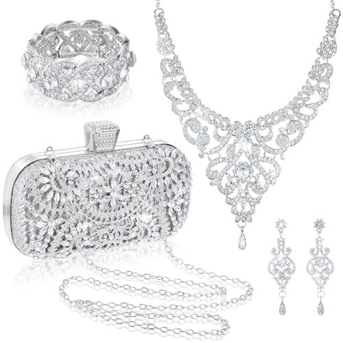 Quelay 4 Pcs Purse Rhinestone Jewelry Set Evening Clutch Bag Bling Crystal Necklace Dangle Earrings Bracelets Accessories(Silver,Vintage Style)