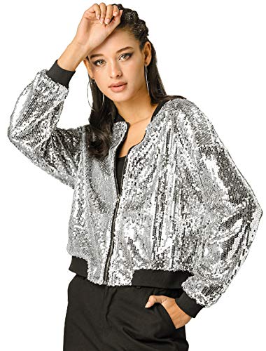 Allegra K Women's Bomber Jacket Long Sleeve Zipper Shiny Glitter Tops Sparkly Shirts Casual Sequin Jacket Small Silver