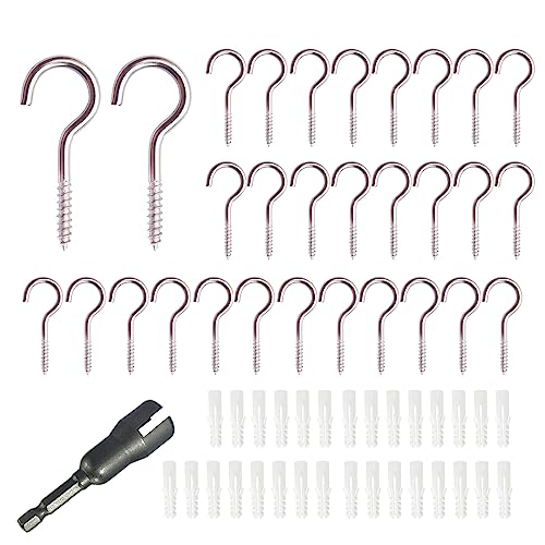 Wexecon 30 Pieces Stainless Steel Screw in Hooks for Hanging,Ceiling Hooks Cup Hook Screw for Hanging Christmas Lights LED Lights Outdoor Christmas Thanksgiving Decorations Indoor(Silver,1.57")