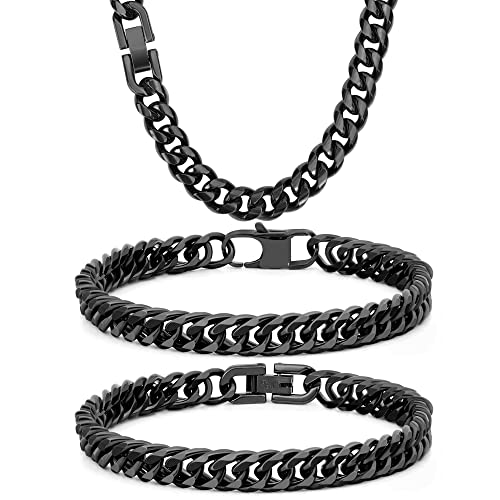 Aospkle 3PCS Cuban Link Bracelet Necklace, Black Sturdy 316L Stainless Steel Cuban Link Chain for Men Jewelry Set 8mm, 8inches