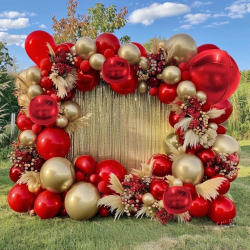 Red and Gold Balloon Garland Double Stuffed Ruby Red Gold Balloons Arch Kit With Mylar Balloon for Baby Shower Wedding Engagements Anniversary Birthday Party Decoration
