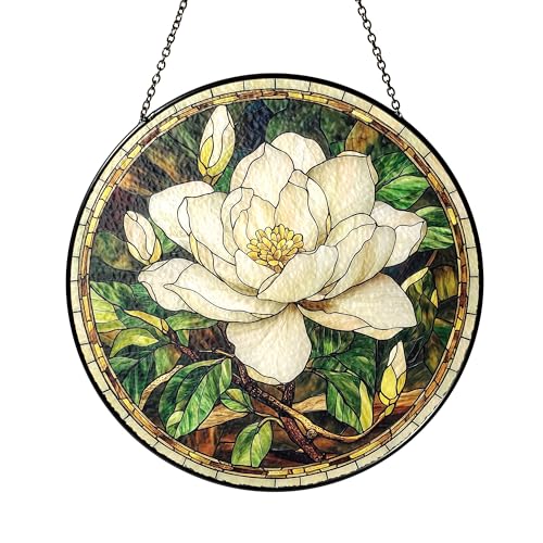 White Magnolia Stained Glass Suncatcher, Flower Window Hanging, Mom Birth Flower Sun Catcher, Gifts for Garden Lovers & Nature Enthusiasts, Multiple Sizes (Design 1)
