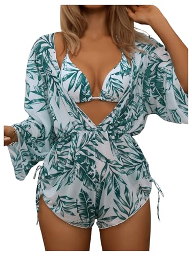 COZYEASE Women's 3 Piece Swimsuits Hawaiian Tropical Print Bikini Set Halter Drawstring Side Bathing Suits with Cover Up Green Medium