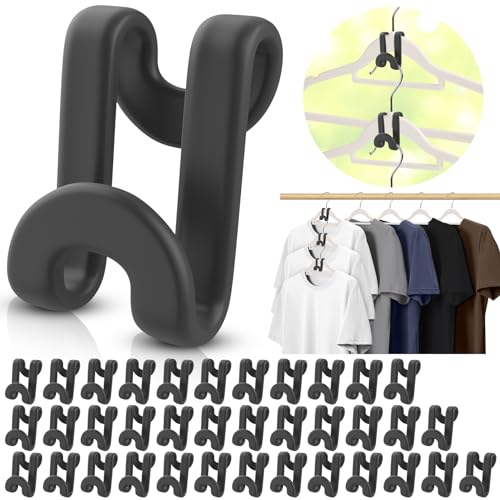 Besslly 100Pcs Clothes Hanger Connector Hooks, Plastic Space Saving Heavy Duty Hanger Extender Clips for Closet Organizers, Black