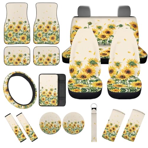 Wunvihay Sunflower Print 17 Pcs Car Seat Covers Full Seat with Floor Mats Car Seat Protectors Steering Wheel Cover Car Full Automotive Interior Decor