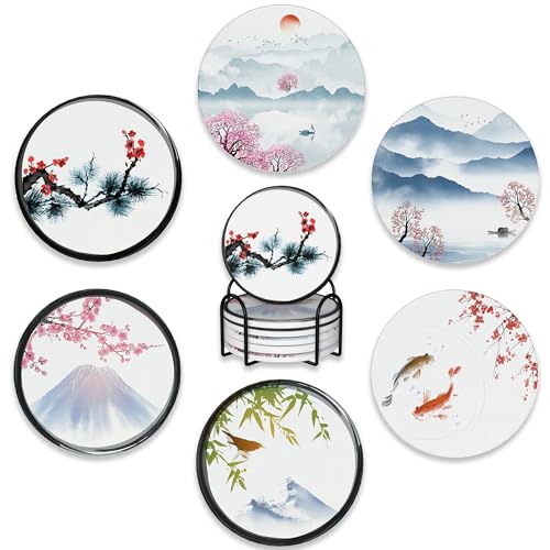 Drink Coasters Set of 6 with Holder,Japanese Cherry Blossom and Fujiyama Mountain Absorbent Ceramic Coasters with Cork Base,Fit All Cups,Tabletop Protection Mat for Mugs and Cups,Office,Kitchen