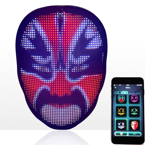 HIOUME Halloween LED Lighted Face Transforming Mask, Shining Mask for Fun Parties Birthday Christmas Festival Cosplay Costume, APP or Gesture Control, USB Rechargeable