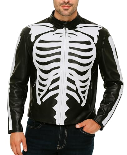 CHICAGO-FASHIONS Mens Skeleton Bones Black Leather Jacket - Cafe Racer Biker Skull Motorcycle Jacket