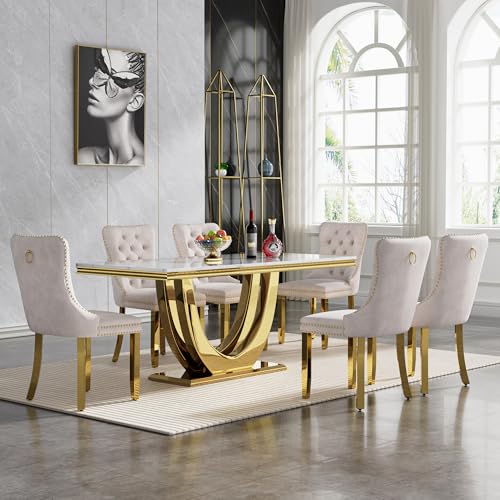 7 Piece Dining Table Set, White Marble Dining Table Set for 6, Luxury Dining Room Table Set, 70" Rectangular Faux Marble Dining Table with Beige Velvet Chairs, Kitchen Dining Table Chairs Set of 6