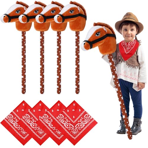 Poen 8 Pcs Light Brown Horse Stick with Sound Red Bandana Set 27.6'' Toys Stick Horse Western Cowboy Bandana Horse Head Stick with Neighing Sound for Boys Girls Fun Pretend Games Son Daughter