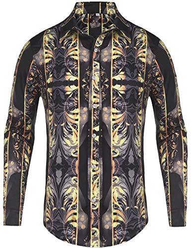 Pacinoble Mens Long Sleeve Cotton Luxury Design Shows Skinny Hawaiian Tropical Party Daily Life Allover Print Dress Shirt (Black S)