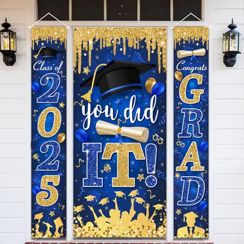 Blue and Gold Graduation Decorations Class of 2025 Congrats Grad Banner and You Did It Graduation Door Cover for High School College Grad Party Supplies(Blue)