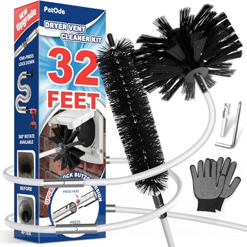 PetOde 32 Feet Dryer Vent Cleaner Kit, Enhanced Flexible Quick Snap Brush with Drill Attachment for Effective Cleaning, 360 Degree Rotation Without Loosening, Use with or Without a Power Drill