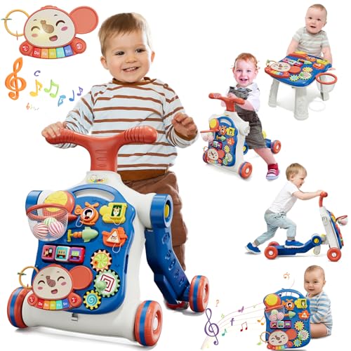QDRAGON 5 in 1 Push Walkers for Baby Boys, Toddler Learning to Walk, Sit to Stand Walker, Early Learning Push Toy for Infant 12+ Months, Navy Blue