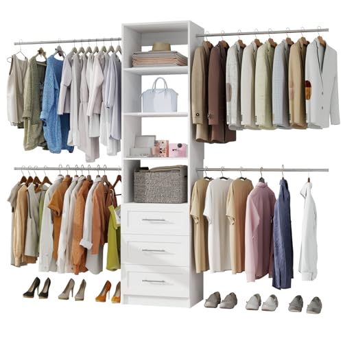 secilix Closet System, 5FT-8FT Closet Organizer System with 4 Expandable Hanging Rods and Moveable Shelves, 99" Walk in Closet System with 3 Wooden Drawers, Custom Built in Closet, Wall Mount