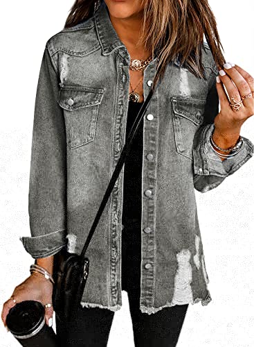 Dokotoo Womens Shacket Frayed Washed Button Down Distressed Spring Summer Denim Shirts Oversize Casual Fashion Winter Long Sleeve Boyfriend Jean Coat Jeans Trucker Jacket With Pockets Grey L