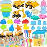 FHOZGECY Beach Toys, 35Pcs Sand Toys with 3 Construction Vehicles, 3 Collapsible Beach Bucket, Sand Castle Building Kit, Sand Molds, Shovel Set, Mesh Bag, Travel Toys for Toddlers Kids Boys Girls