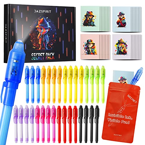 DazSpirit 32Pcs Invisible Ink Pen with UV Light, Mini Notepads & Favor Bags, Spy Pens, Top Secret Message Magic Marker, Party Favors for Kids 8-12, Class Prizes, Detective & Escape Room Themes