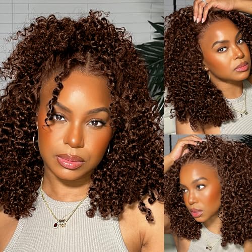 Punmasa 14 Inch Chocolate Brown Bob Wig Human Hair 13x6 Frontal Lace Wig 200% Density HD Lace Front Wigs Human Hair for Women Deep Curly Short Bob Wigs 100% Real Human Hair Wig #4