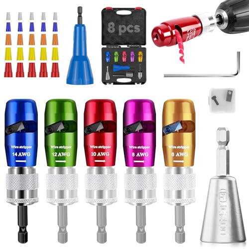 US Regulations Wire Stripping for Drill, Wire Stripping Tool & Wire Twisting Connector Set, Wire Twister Tool for Drill, 8 in 1 Quickly Drill Wire Stripping Professional Electrician Tools Set（8pcs）