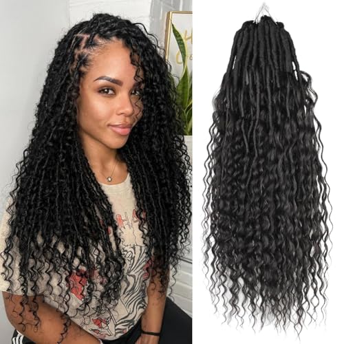 Knovotch Boho Faux Locs With Curly Pure Protein Fiber Close to Human Hair Curls 24 Inch Pre-Looped Crochet Goddess Faux Locs Bohemian Loc Crochet Hair For Women(24Inch 1B)