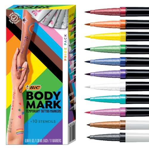 BODYMARK BIC Temporary Tattoo Markers for Skin, Pride Pack, Flexible Brush Tip, 11-Count Pack of Assorted Colors, Skin-Safe, Cosmetic Quality, Unique Gifts