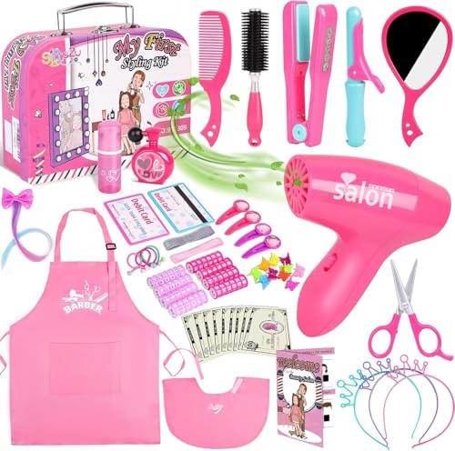 Gifts2U Hair Salon Toys for Girls, Girl Beauty Salon Playset Pretend Hair Styling Set with Blow Dryer, Barber Costume Apron, Scissors Styling Manu, Fake Money and Functional Stylist Accessories.
