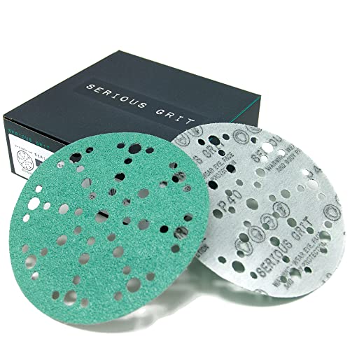Serious Grit - 6-Inch 49-Hole 40 Grit Sanding Discs - Heavy-Duty Hook & Loop Film Discs - Sandpaper for Random Orbital Sanders - 25 Pack Box