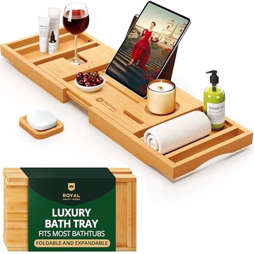 ROYAL CRAFT WOOD Premium Foldable Bathtub Tray - Wood Bath Tray for Tub, Bamboo Shelf, Expandable Bath Table Trays, Bathtub & Bathroom Accessories for New Home & Mothers Day & Birthday Gifts for Mom