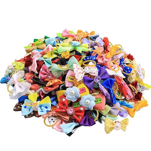 IVIA PET 200 Pcs Dog Hair Bows, 100 Pairs Metal Clip Dog Bowknot with Pearls & Flowers for Groomer Boy Girl Yorkie Puppies Small Dogs Cats Pets Topknot Matching Hair Grooming Accessories(Random Color)