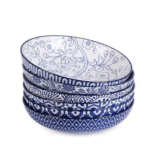 Selamica Ceramic Pasta Bowls Set 34 OZ, Large Salad Bowls 8.6 Inch Dinner Bowls for Kitchen, Wide Shallow Bowls Deep Plates for Pasta Soup, Microwave & Dishwasher Safe, Set of 6, Vintage Blue