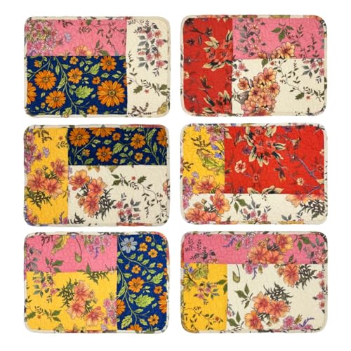 ART Pinecone Patchwork Floral Placemats for Dining Table – Quilted Cotton Vintage Table Mats, 13x19 Inch Rectangle, Reversible Rustic Farmhouse Table Decor (6, Patchwork Floral Original)
