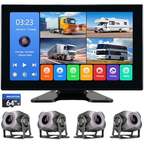4 Channel 1080p Backup Camera Dash Cam for RV/Truck/Trailer/Van/SUV/Cars,10.2 Inch Touch Screen Quad Split Parking Monitor with DVR Recording/Playback/Bluetooth/FM Radio/Music/Video Player