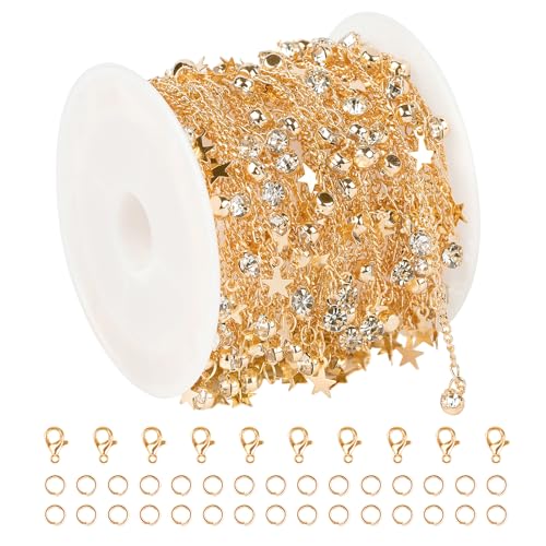 KYUNHOO Gold Plated Brass Jewelry Making Chain Supplies Shiny Dangling Rhinestone Pentagram Link Chains on Bulk Women Necklace Chain for Jewelry Making Handmade Craft