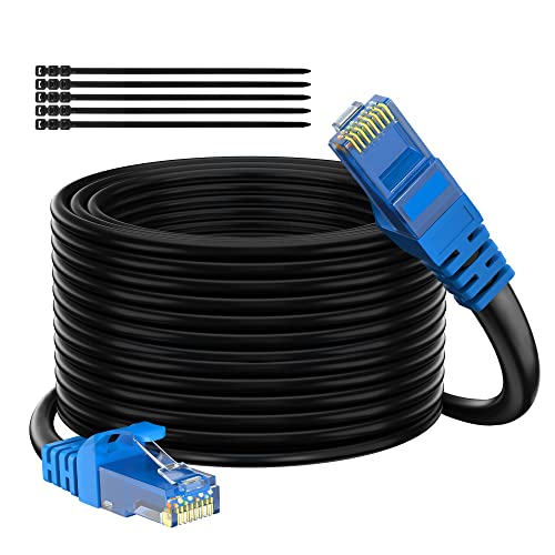 Adoreen Cat 6 Outdoor Ethernet Cable 200 Ft Black, High Speed Heavy Duty Long Internet Network Cable for POE Camera Cat 5 5e RJ45 LAN Patch Cable Cord, Sturdy Waterproof Direct Burial+25 Ties