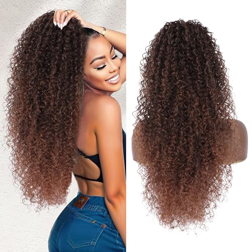 Alebery 27 Inch Drawstring Ponytail Extension for Black Women Deep Curly Ponytail Extension Synthetic Mixed with Human Hair Hairpieces Afro Kinky Curly Pony Tail for Daily Use (Brown)