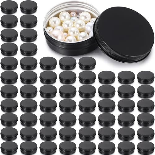 Patelai 64 Pieces Lip Balm Tin Containers Screw Top Round Tin Cans Aluminum Jar with Screw Lid, Empty Bottle Travel Cosmetic Sample Container for DIY(2 oz,Matte Black)