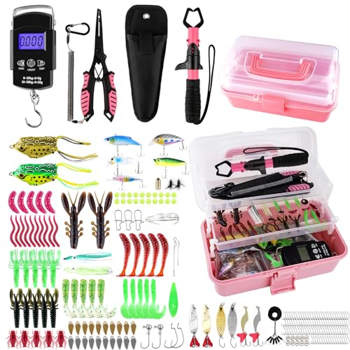 3-Layer Pink Fishing Tackle Box with Tackle Included, Fishing Gear Kit Includes Pliers Fish Lip Gripper Scale Crankbait Spinnerbaits Soft Baits Hooks, Ideal Gift for Angler Saltwater Freshwater