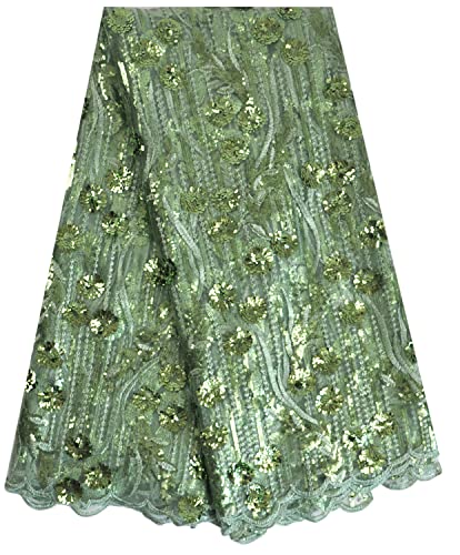 SanVera17 African Fabric 3D Sequins Net Fabrics Nigerian Embroidered Lace Fabric for Party Dress (Light Green) 5 Yards 320305