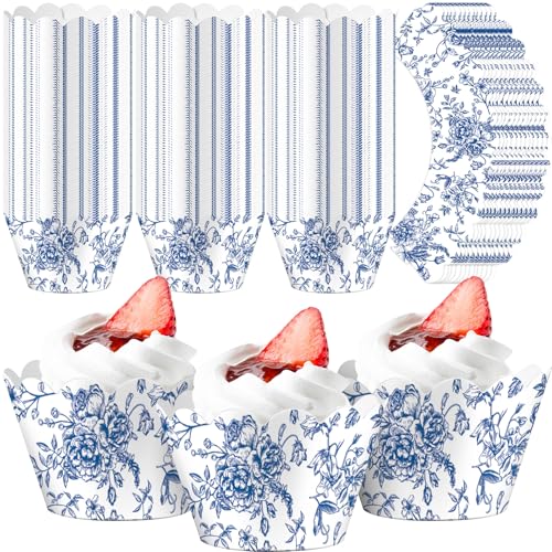 Domensi 100 Pcs Blue Floral Cupcake Wrappers Rustic Cupcake Liners Baking Cups Baking Liners for Wedding Bridal Baby Shower Birthday Party Supplies Dessert Decoration, Blue