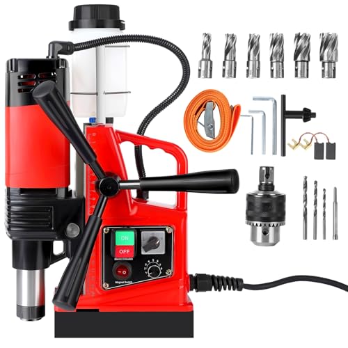COZONY Mag Drill Press, 1400W 810RPM Portable Magnetic Drill Press, 10-Speed Core Electric Drilling Machine for Metal Working,10Pcs Annular Cutters Drilling Bits，Red