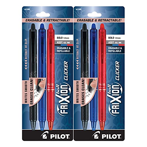 (2) Pilot Frixion Clicker Erasable Pen Black, Blue and Red Gel ink. 3 pack Bold, 1.0 mm, 11393