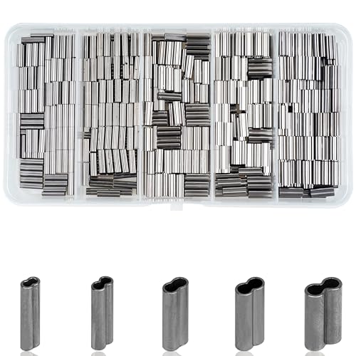 OROOTL Fishing Crimp Sleeves Kit, 500PCS Double Barrel Fishing Line Crimps Sleeves Brass Copper Crimping Loop Tubes Connector Wire Leader Rigging Tackle for Saltwater Freshwater
