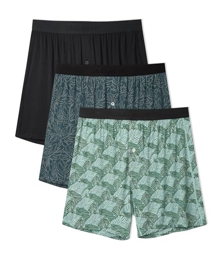 DAVID ARCHY Mens Boxers Cooling Rayon Made from Bamboo Boxers for Men Pack Printed Underwear Moisture Wicking Mens Boxer Shorts with Button Fly(XL, Black/Dark Leaf/Light Leaf)